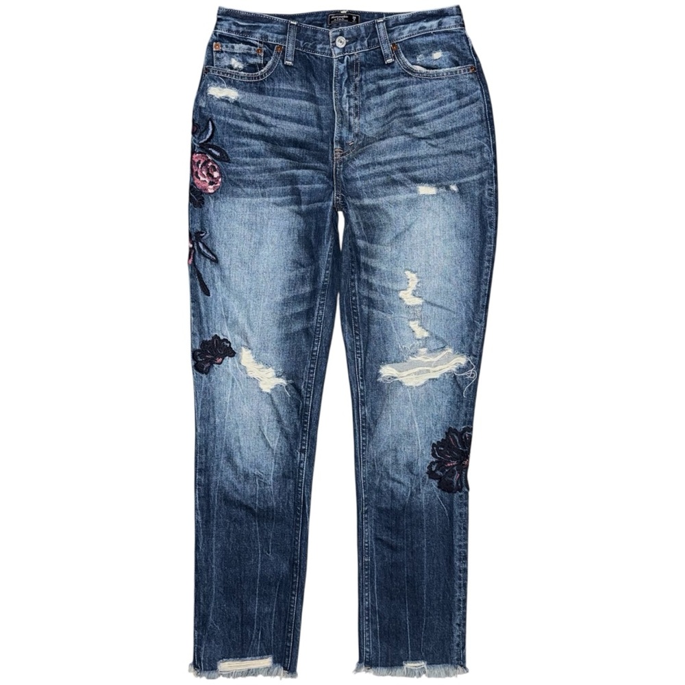 Abercrombie & Fitch Annie Girlfriend Floral Embroidered Distressed Jeans 2 LONG